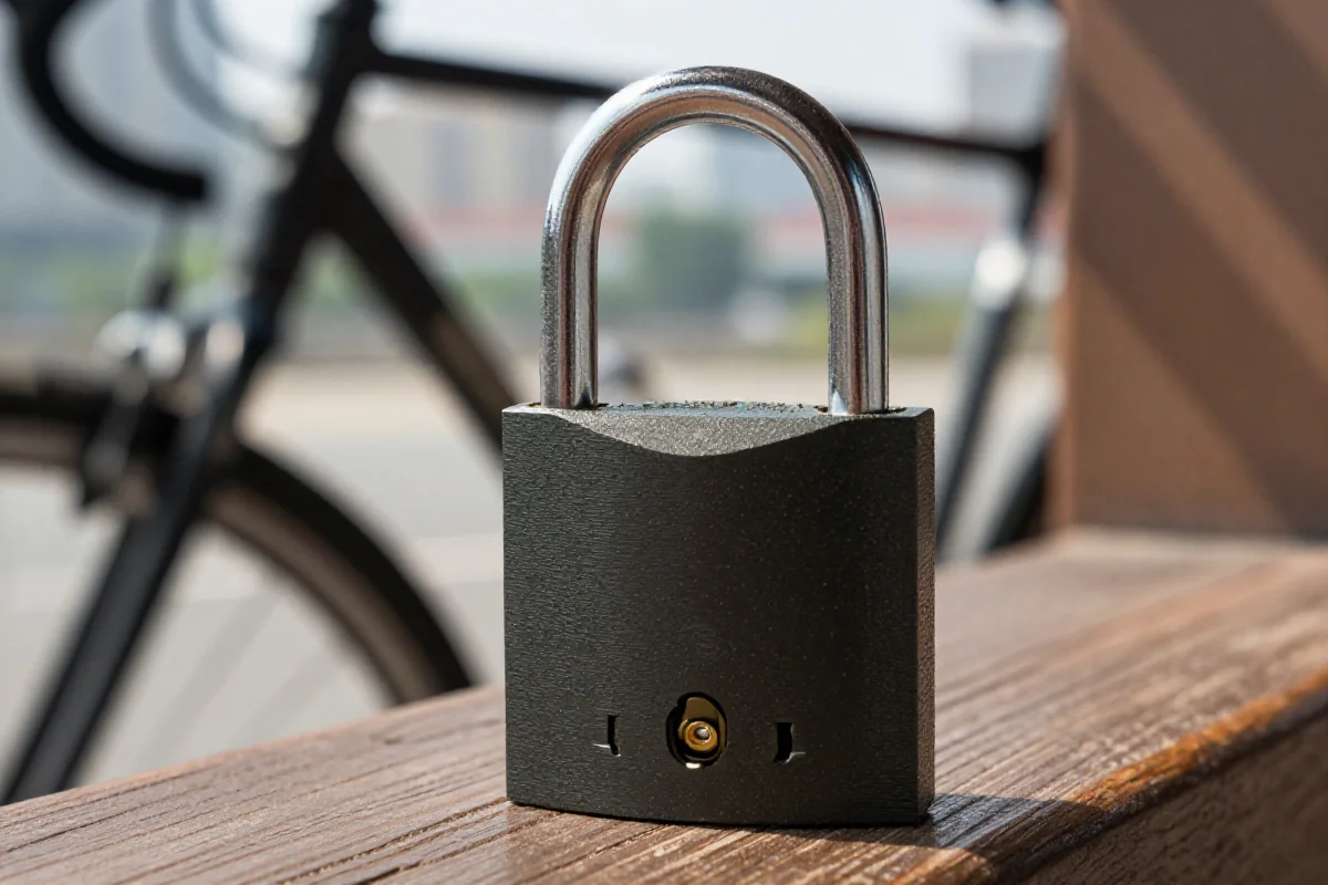 Zamek U-lock na tle miejskiego krajobrazu, idealny do zabezpieczenia roweru.