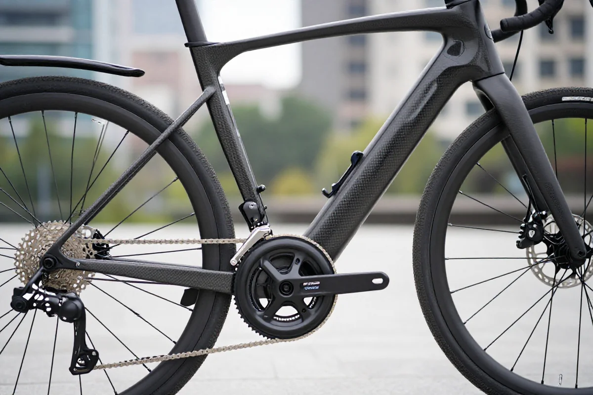 Szczegółowy widok drogiego roweru elektrycznego w miejskim otoczeniu.