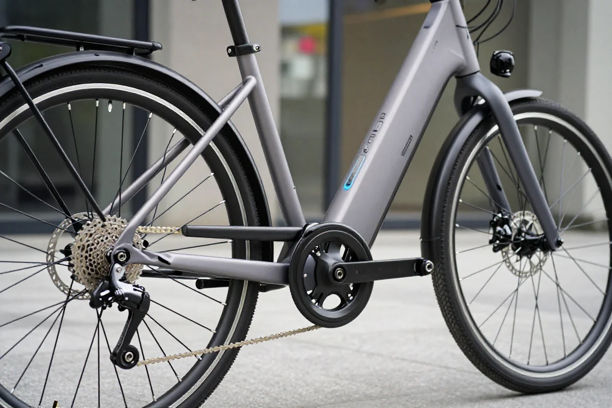 Szczegóły roweru elektrycznego w miejskim otoczeniu, idealny do ubezpieczenia e-bike'a.