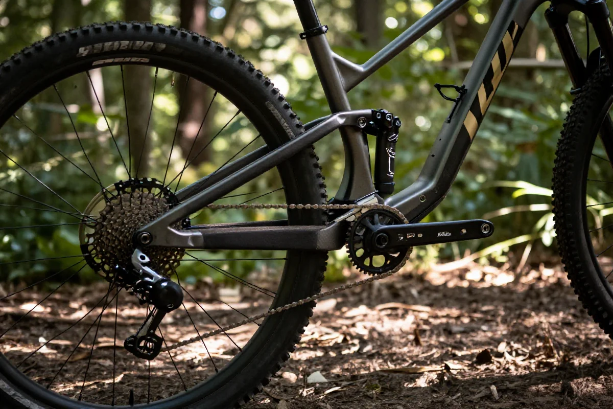 Rower górski na leśnej ścieżce, ukazujący szczegóły techniczne i komponenty.