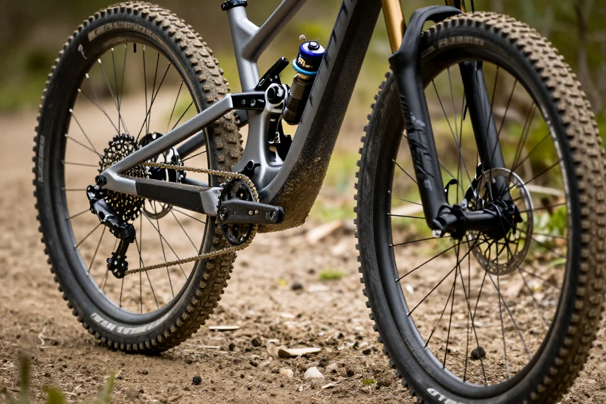 Wysokiej jakości rower górski na błotnistej trasie MTB, ukazujący zaawansowane zawieszenie.