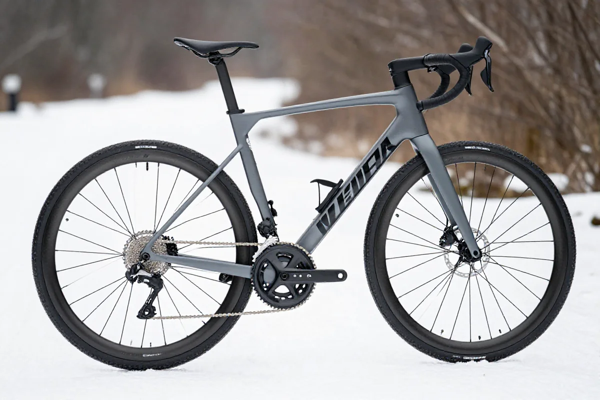 Rower szosowy przystosowany do jazdy w zimowych warunkach na śniegu.