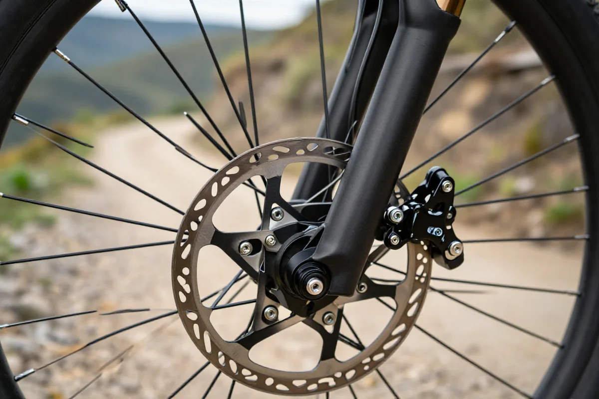 Zbliżenie adaptera hamulcowego w rowerze MTB, standard post mount.