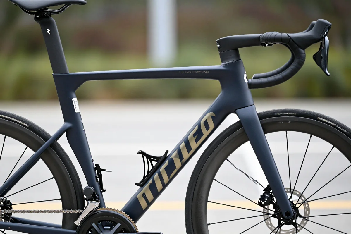 Szosowy rower z geometrią aero, pokazujący aerodynamiczne profile ramy.