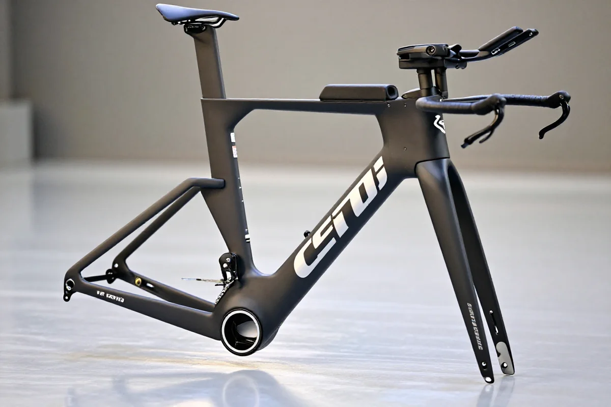 Skrócony widok aerodynamicznego roweru triathlonowego z innowacyjnymi kształtami rur.