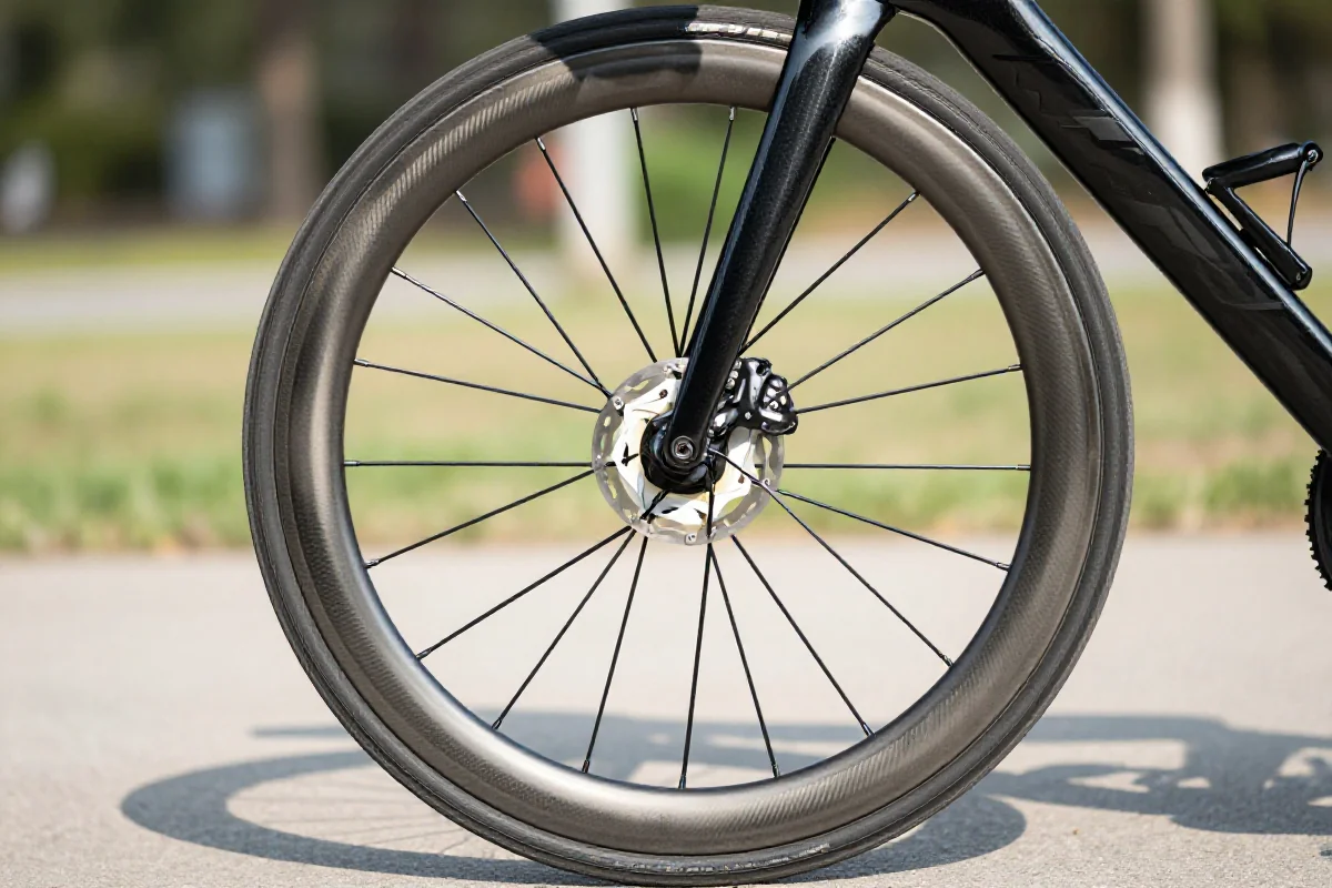 Aerodynamic koło szosowe z karbonową obręczą i oponą, podkreślające technologię i wydajność.