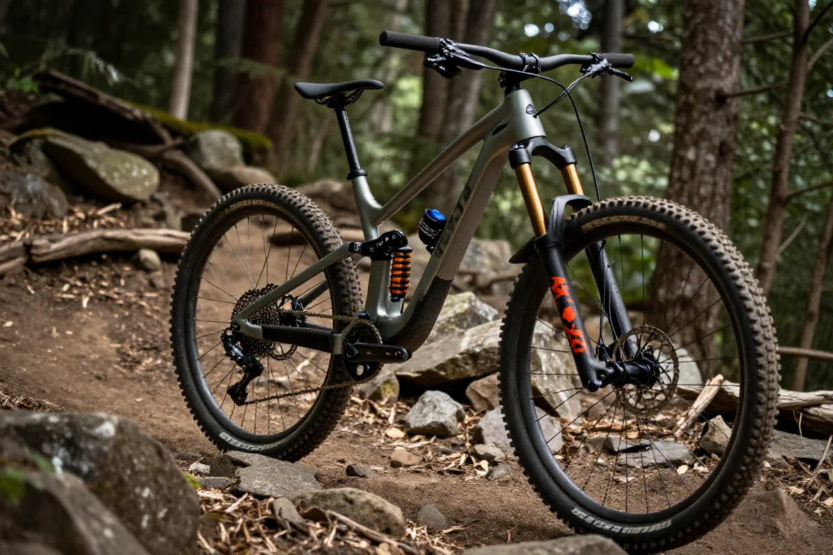 Rower górski typu aggressive trail z zawieszeniem i dużymi kołami w terenie