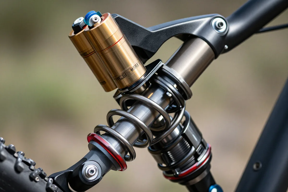 Amortyzator powietrzny z wkładkami do regulacji w rowerze górskim.