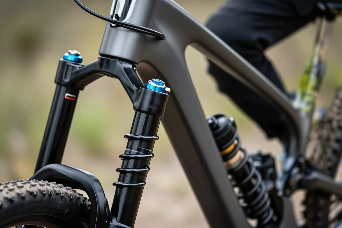 Widok na widelec MTB z systemami sprężyn powietrznych i stalowych.