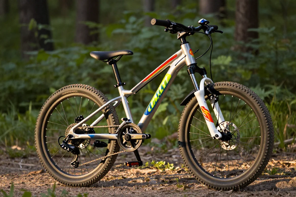 Rower górski dla dzieci na leśnej ścieżce, idealny do akademii MTB.