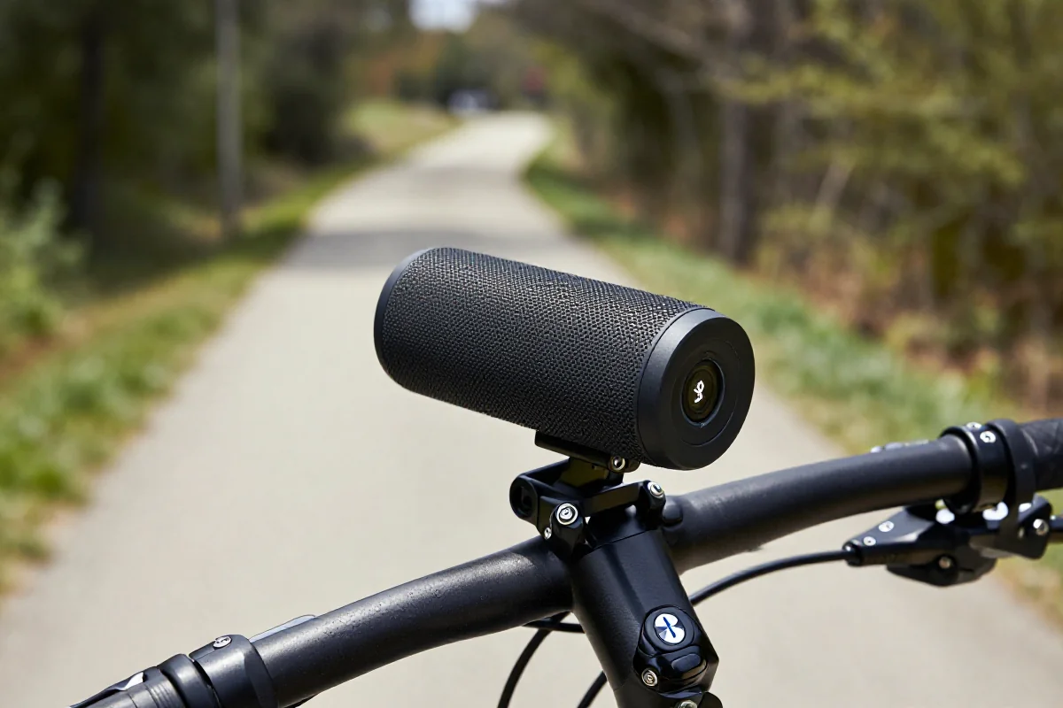 Głośnik Bluetooth na kierownicy roweru w plenerze.