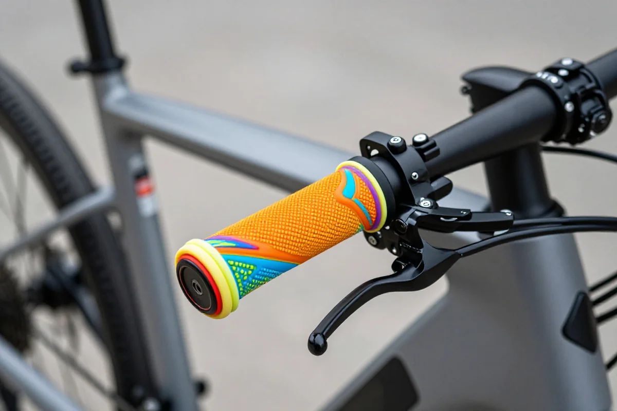 Kolorowe chwyty rowerowe na kierownicy elektrycznego roweru.