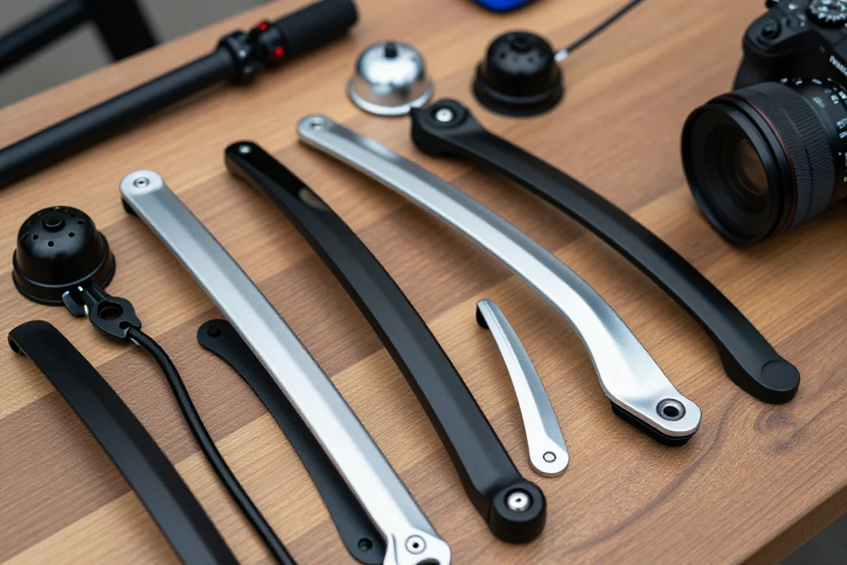 Akcesoria rowerowe, błotniki, dzwonki, lusterka i stojaki na rowerze miejskim.