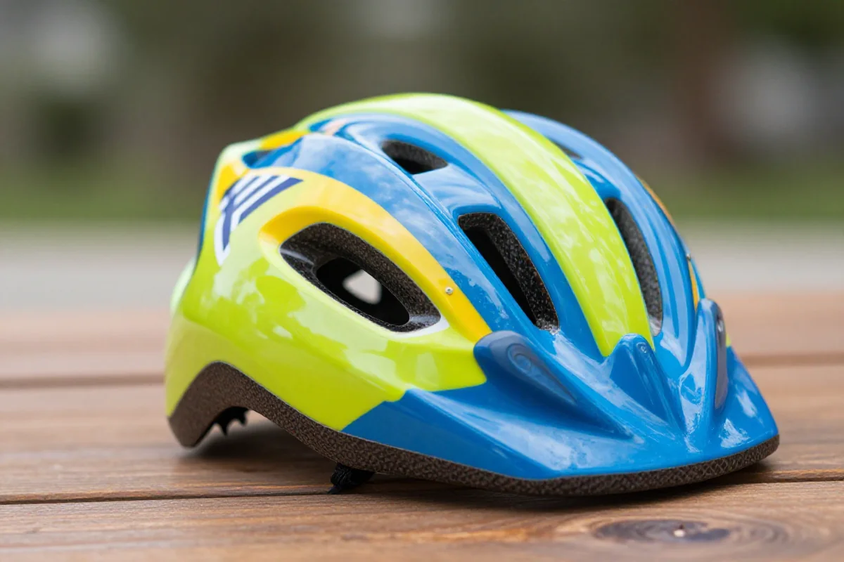 Kolorowy kask dziecięcy do roweru, akcesoria bezpieczeństwa transportu dziecięcego.