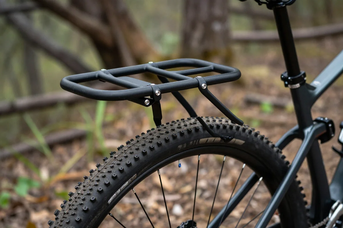 Bagażnik rowerowy na rowerze górskim w naturalnym otoczeniu