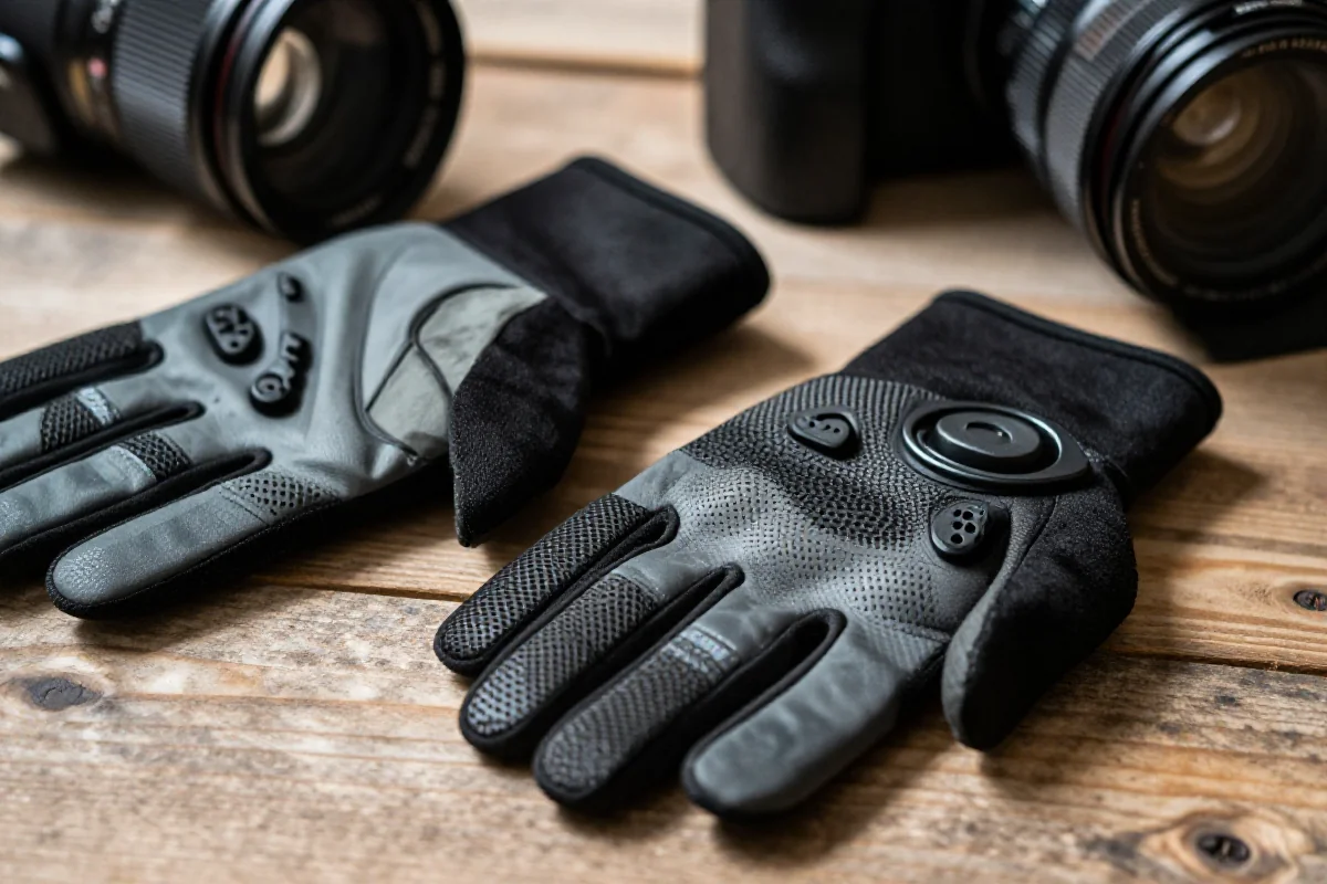 Rękawice MTB na drewnianej powierzchni, akcesoria ochronne do jazdy rowerem.