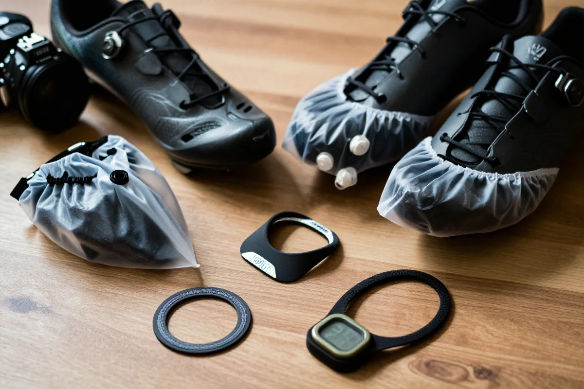 Akcesoria odzieżowe rowerowe: buty, pokrowce na buty, opaski odblaskowe.