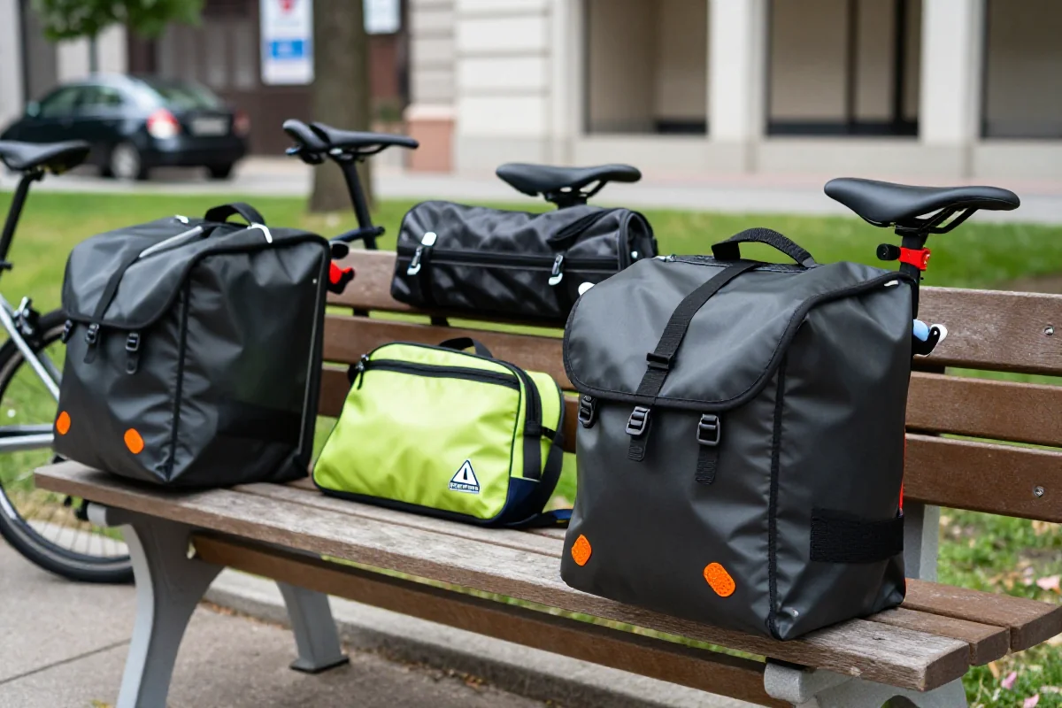 Akcesoria transportowe do rowerów miejskich: torby i sakwy w parku.