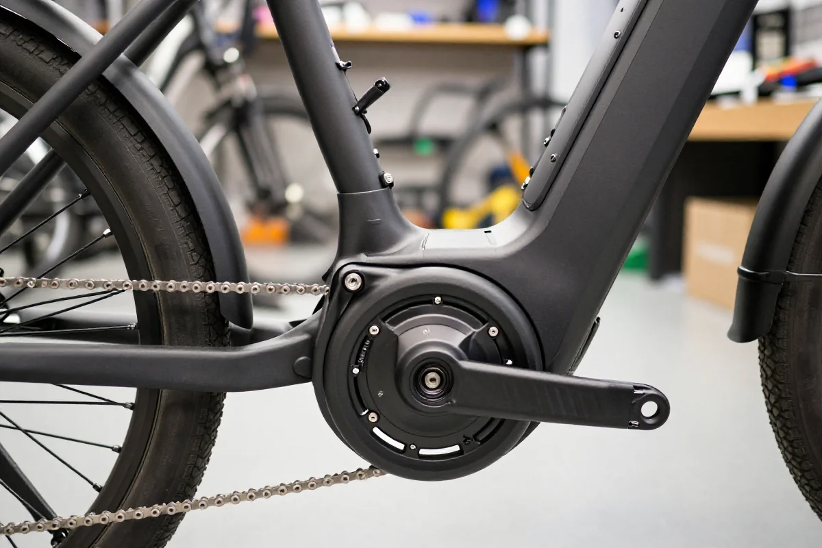 Szczegółowy widok systemu napędu elektrycznego w rowerze, z silnikiem i akumulatorem.