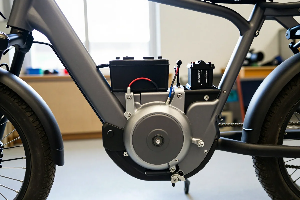 Szczegóły silnika elektrycznego roweru, pokazujące komponenty i połączenia.