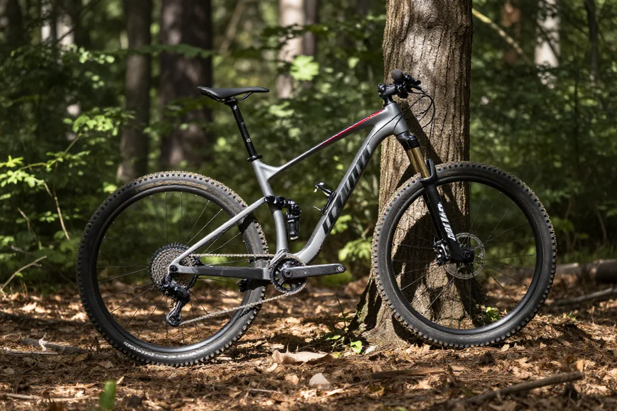 Rower górski oparty o drzewo w lesie, idealny do aktywnej regeneracji.