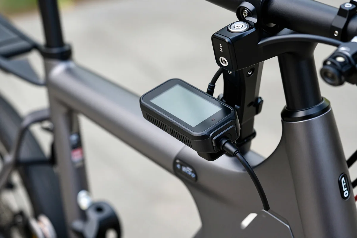 Moduł GPS w rowerze elektrycznym, zbliżenie na nowoczesne zabezpieczenia.