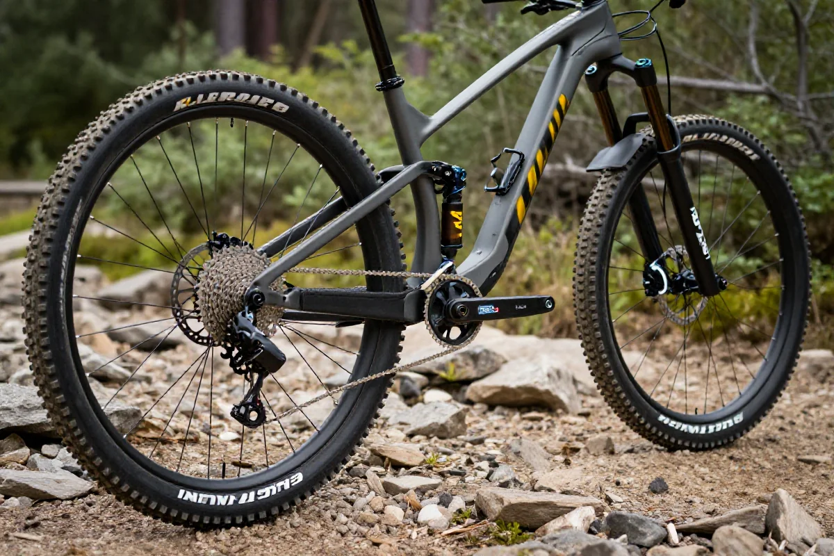 Rower górski All-Mountain z zawieszeniem 150 mm na skalistej trasie