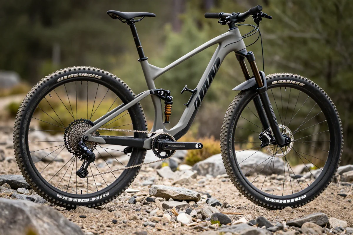 Nowoczesny rower górski all-mountain na kamienistej trasie, z doskonałymi detalami.