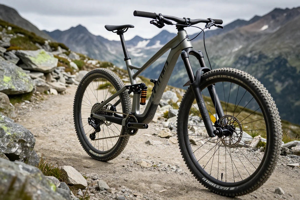 Rower górski na alpejskim szlaku z technicznymi sekcjami i kamienistym podłożem.