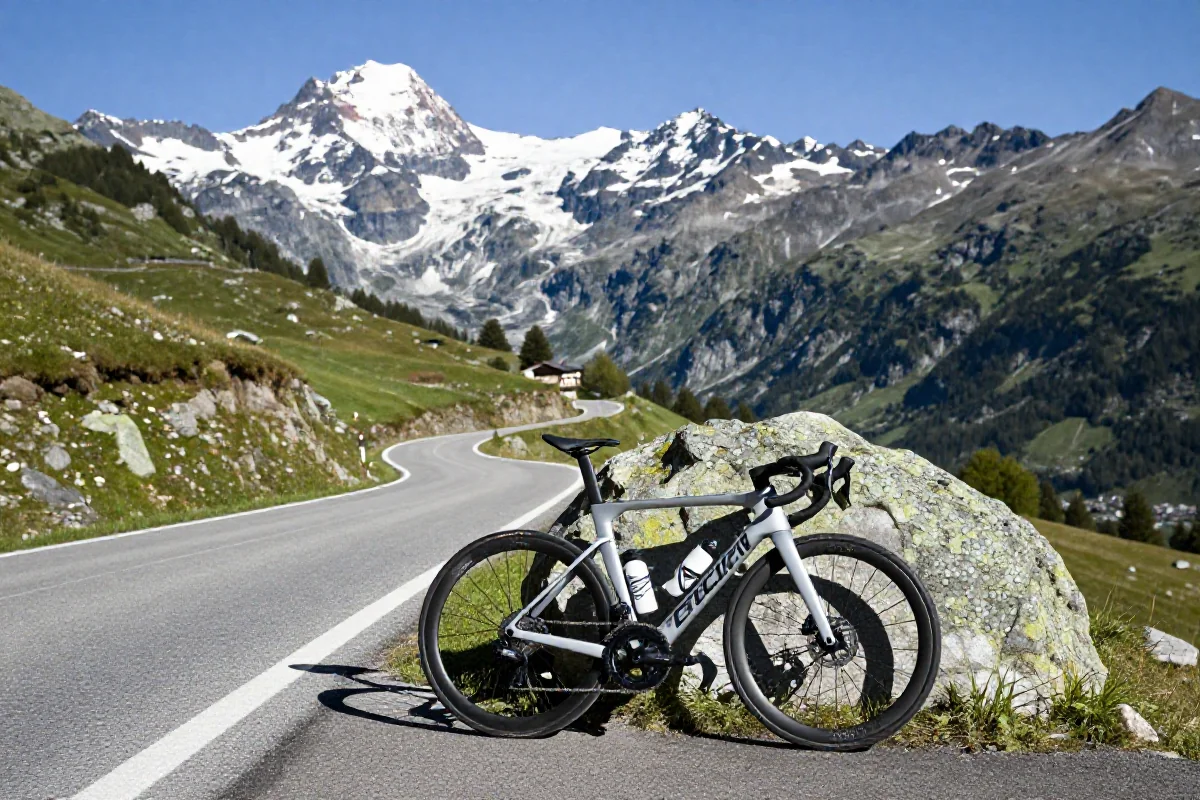 Widok na rower szosowy w Alpach Francuskich podczas jazdy szlakiem Tour de France.