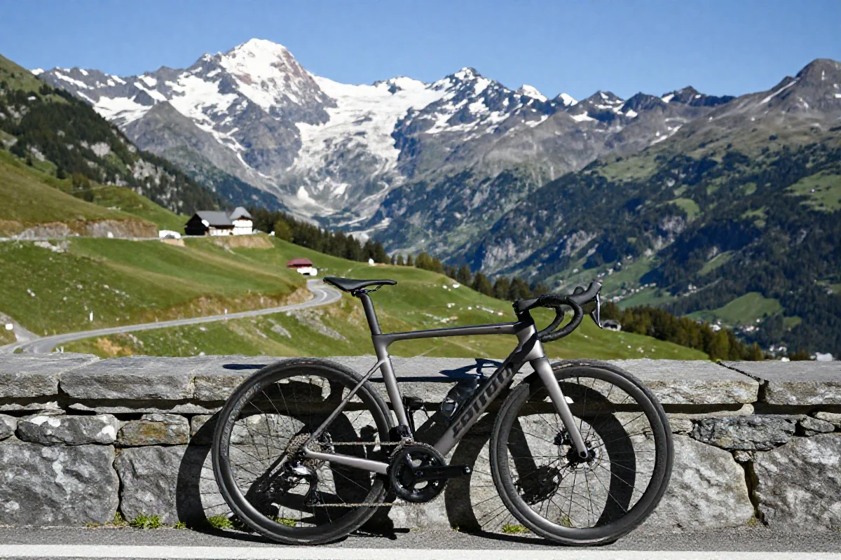 Widok na Alpy z rowerem szosowym, idealnym do jazdy w górach.