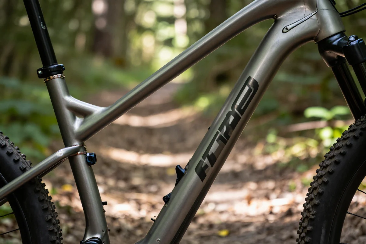 Rama roweru górskiego aluminiowego na szlaku leśnym, podkreślająca nowoczesną geometrię.