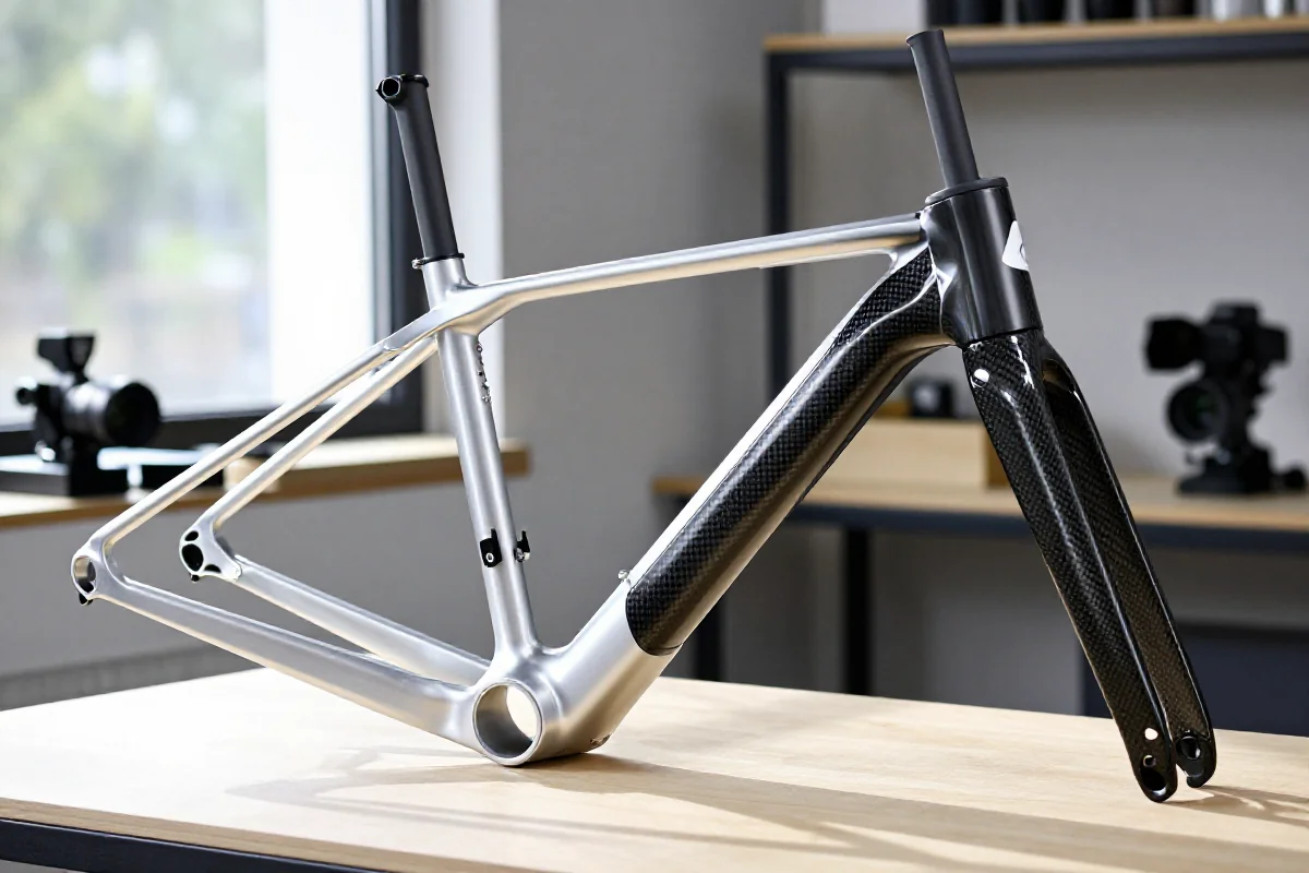 Aluminiowa i węglowa rama roweru elektrycznego w nowoczesnym warsztacie