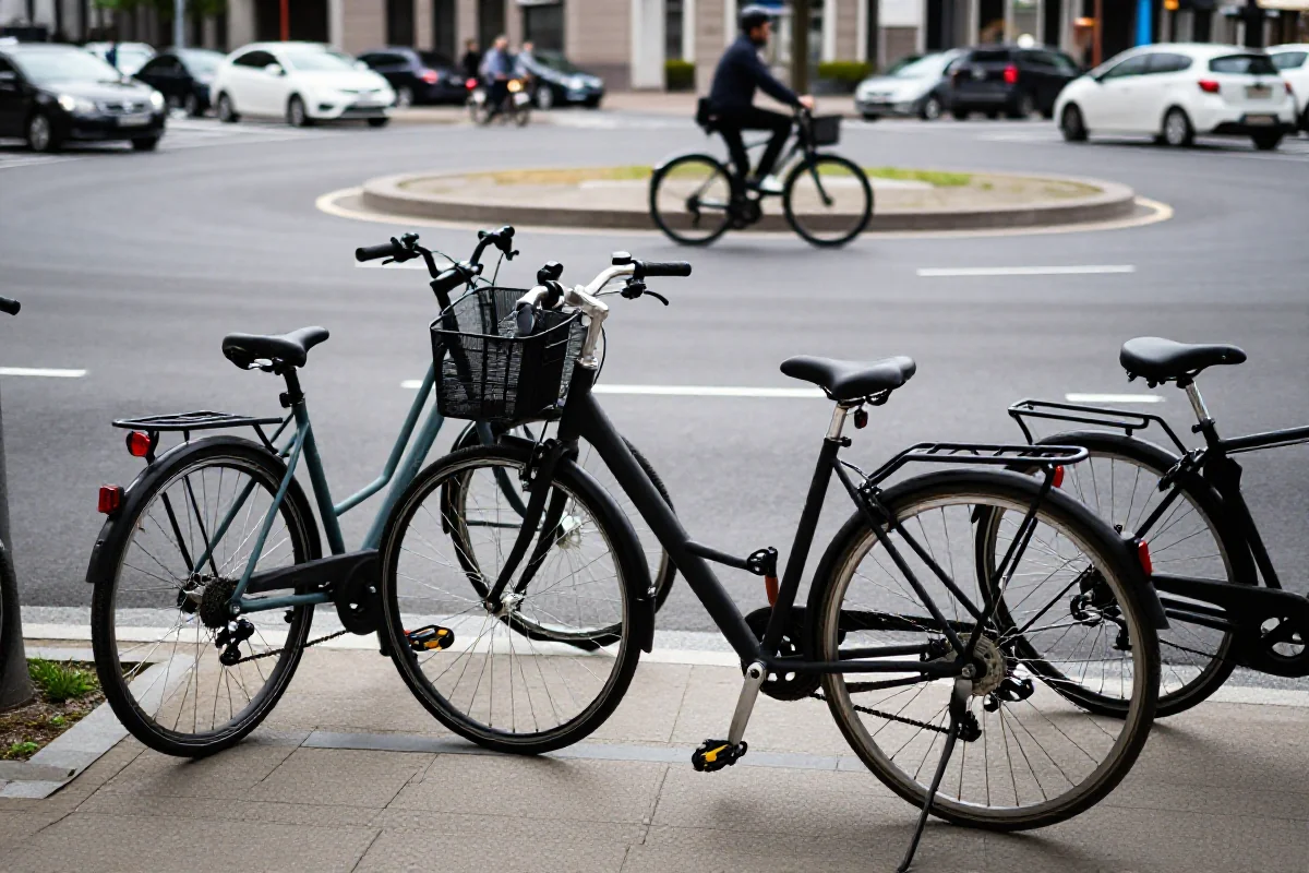 Rondo w mieście z rowerami pokazującymi komponenty i infrastrukturę rowerową