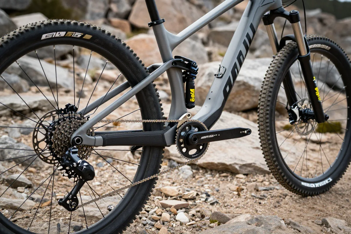 Szczegółowy widok roweru górskiego na skalistym terenie, ukazujący technikę jazdy.