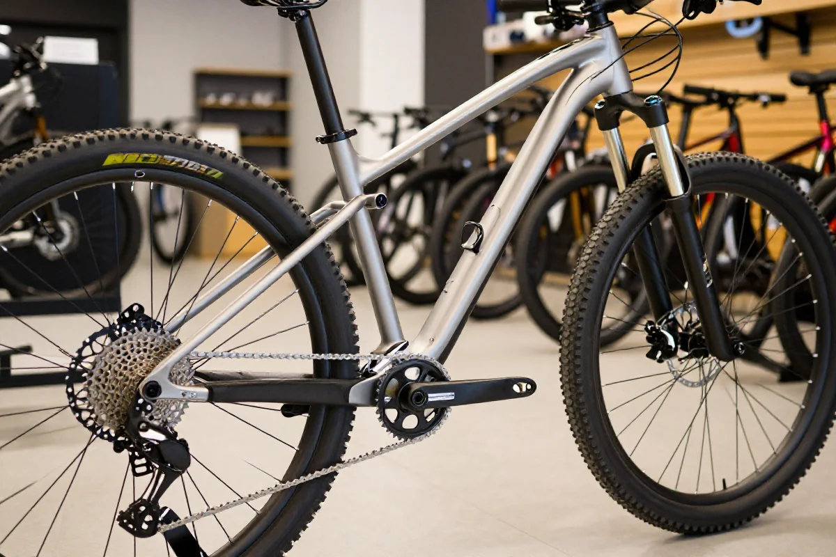 Rowerek górski hardtail z aluminium w sklepie rowerowym.