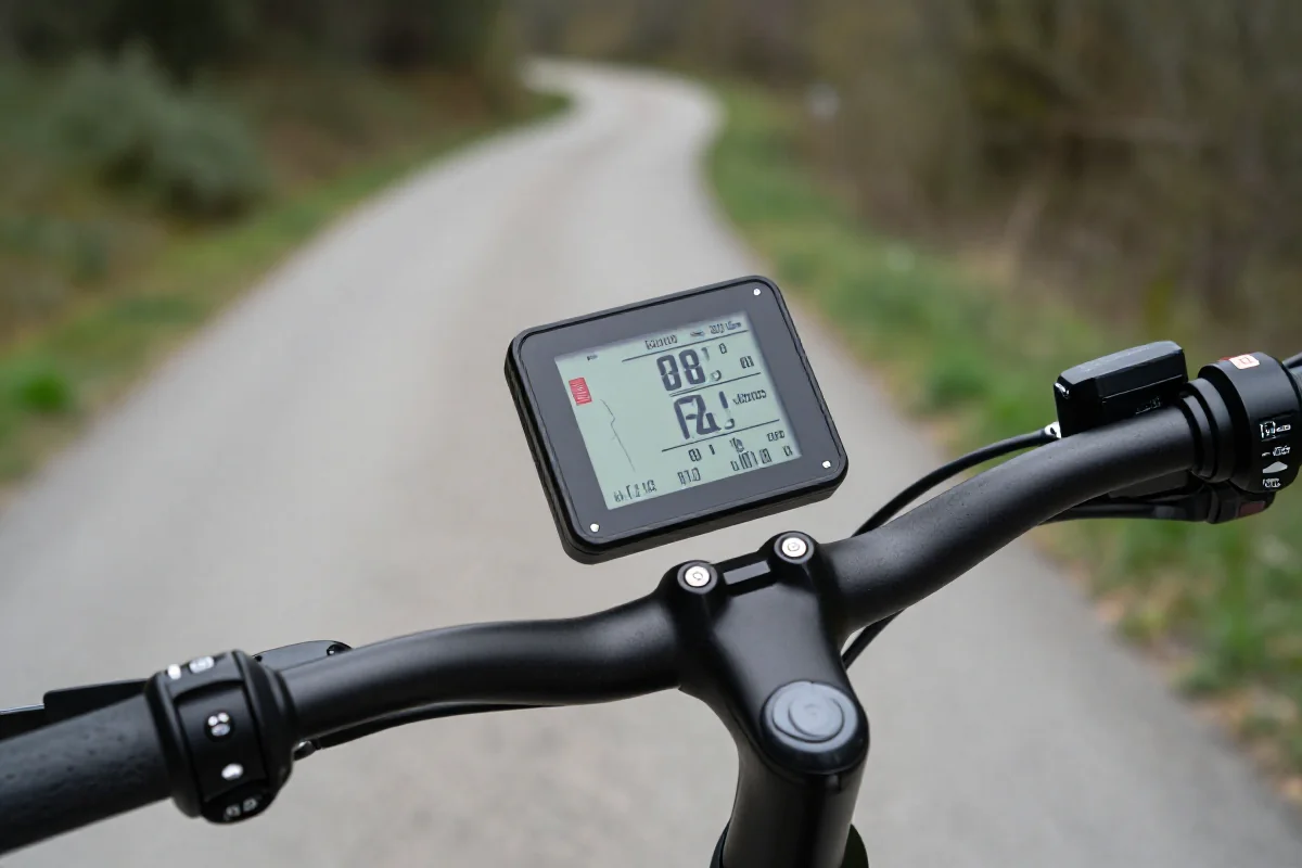 Wyświetlacz roweru elektrycznego z danymi prędkości i dystansu na szlaku rowerowym.