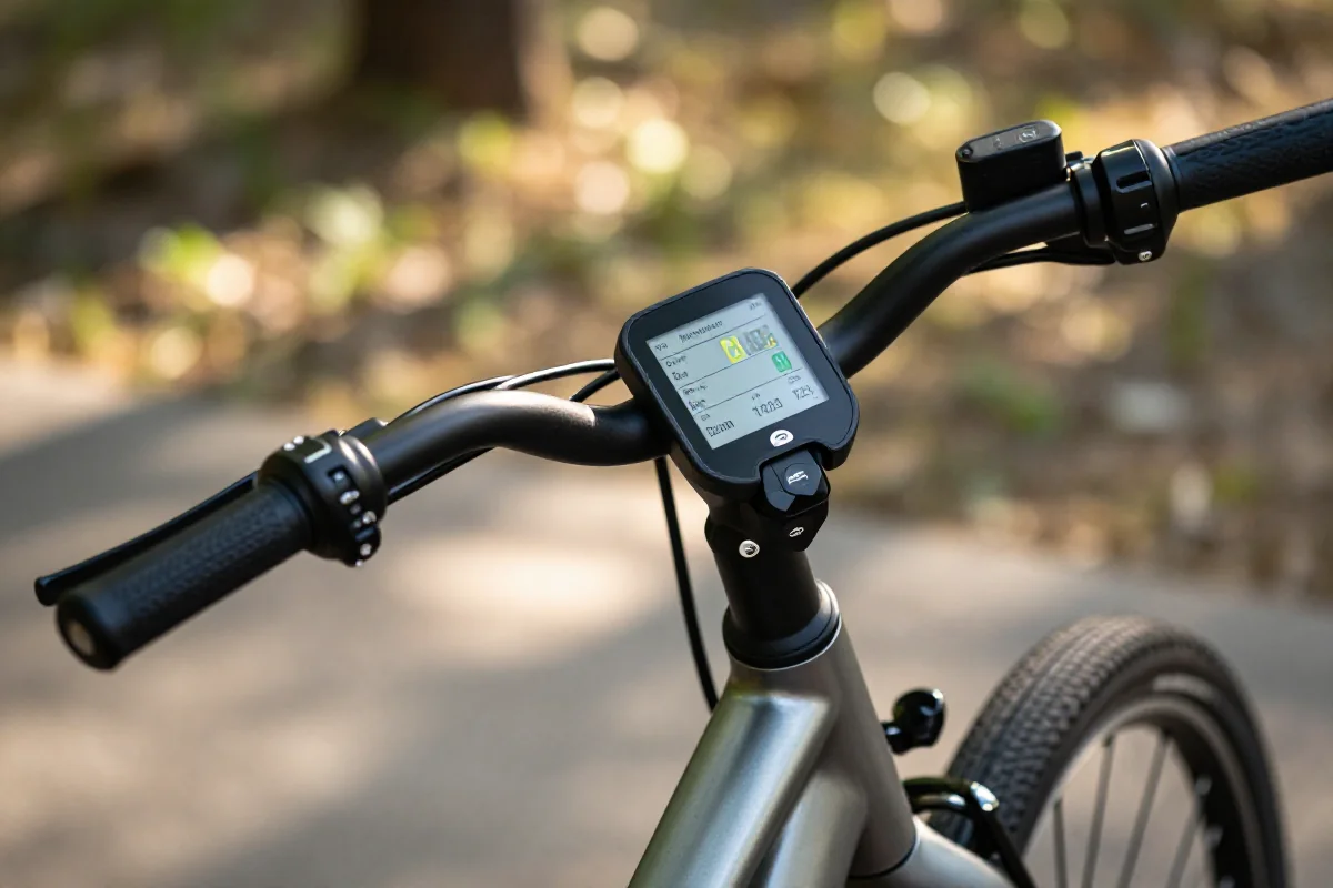 Nowoczesny rower elektryczny z wyświetlaczem prędkości i zużycia energii.