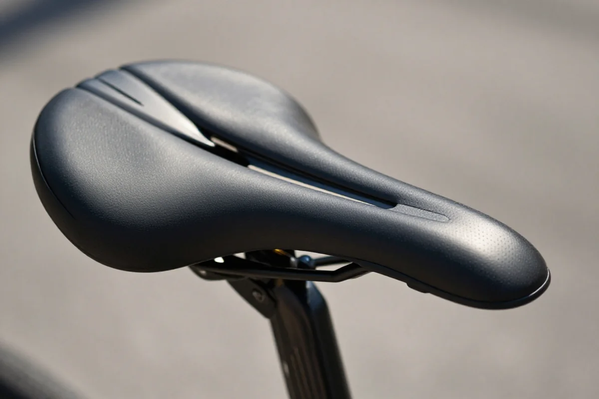 Szczegółowe zdjęcie siodełka rowerowego z anatomicznym wycięciem i wypełnieniem.