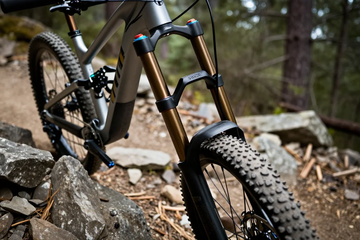 Regulacja kąta główki w rowerze górskim na kamienistej trasie.