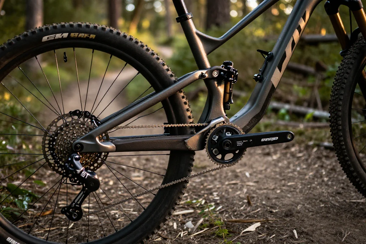 Szczegóły ramy roweru górskiego na ścieżce, idealne do treningu MTB.