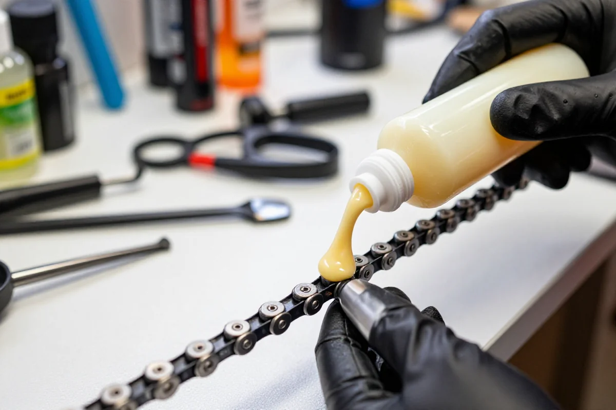 Aplikacja smaru woskowego na łańcuch roweru górskiego w warsztacie