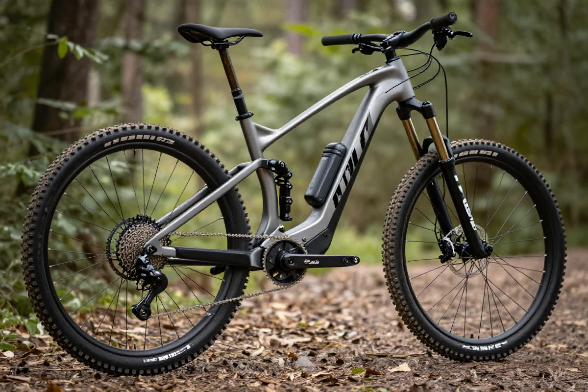 Zbliżenie na rower elektryczny górski (e-MTB) w naturalnym otoczeniu.