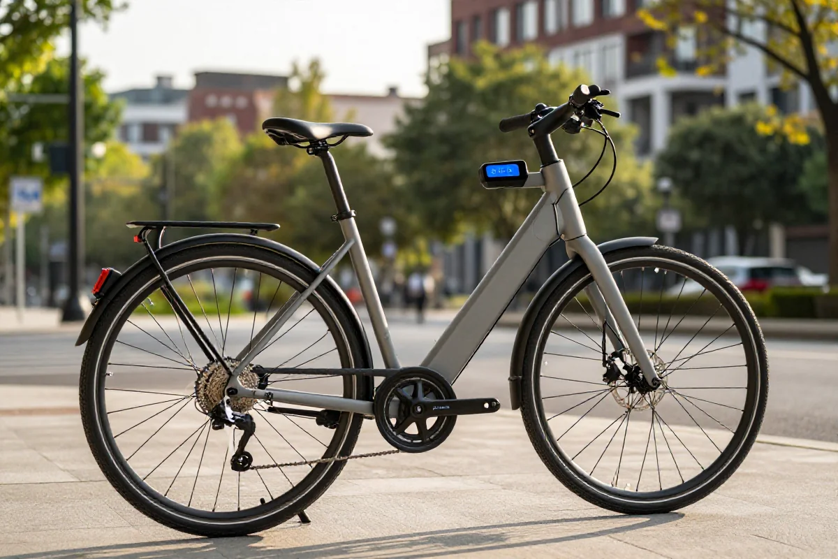 Nowoczesny rower elektryczny z zaawansowanymi technologiami w miejskim otoczeniu.