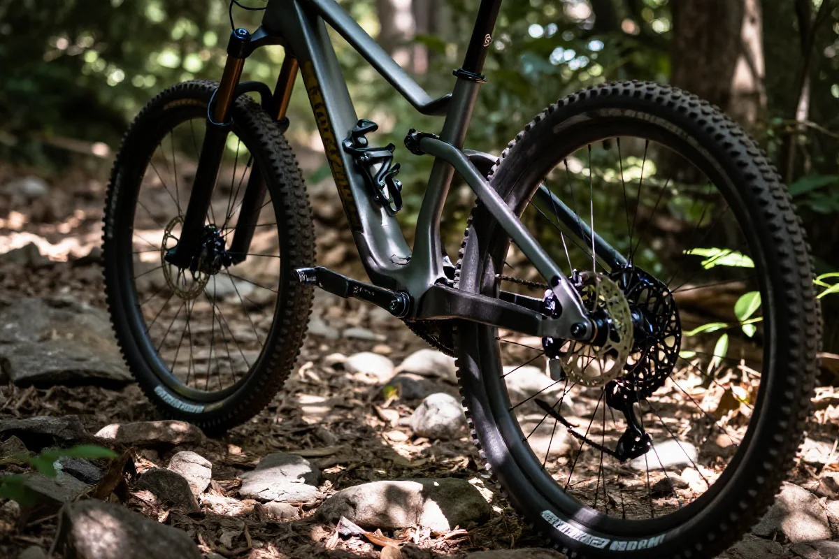 Nowoczesny rower górski na szlaku, podkreślający zaawansowane komponenty i detale.