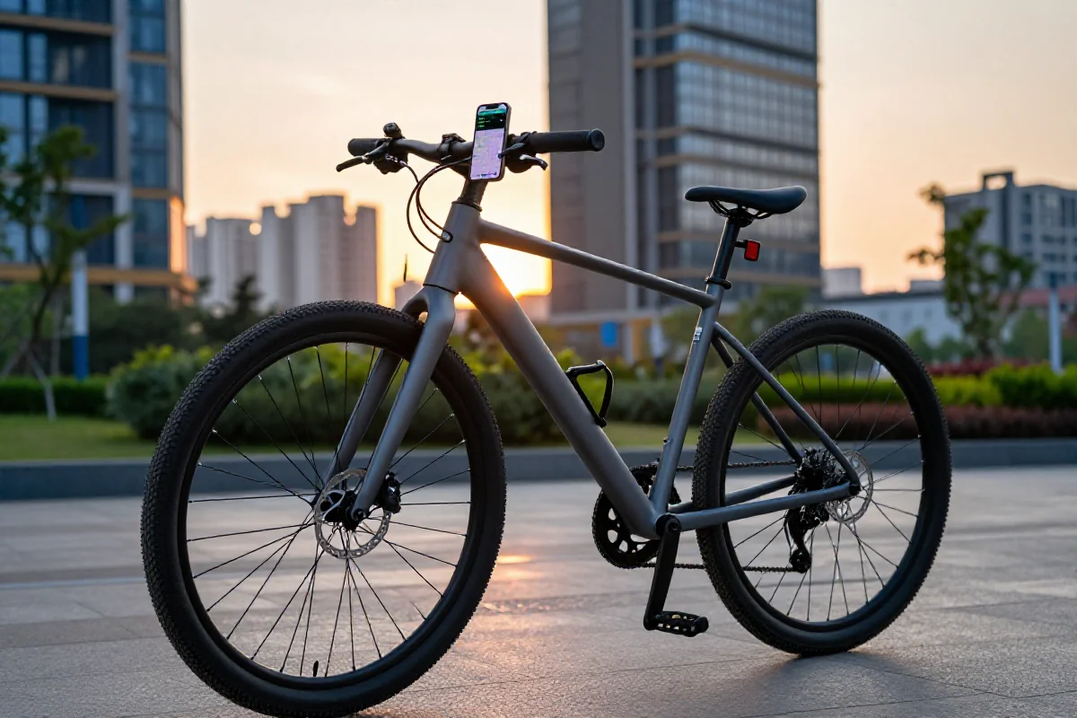 Nowoczesny rower miejski z aplikacją nawigacyjną na kierownicy.