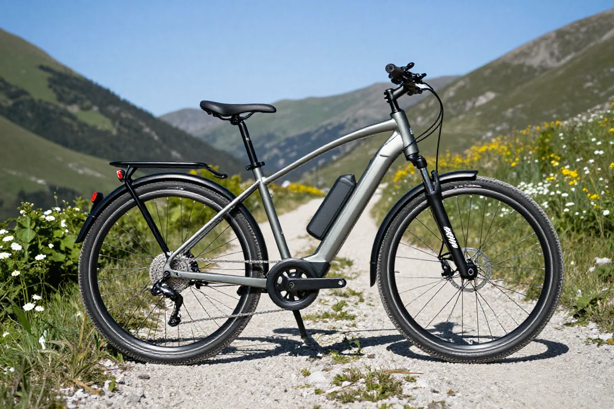 Rower elektryczny na szlaku górskim z pięknym tłem przyrody