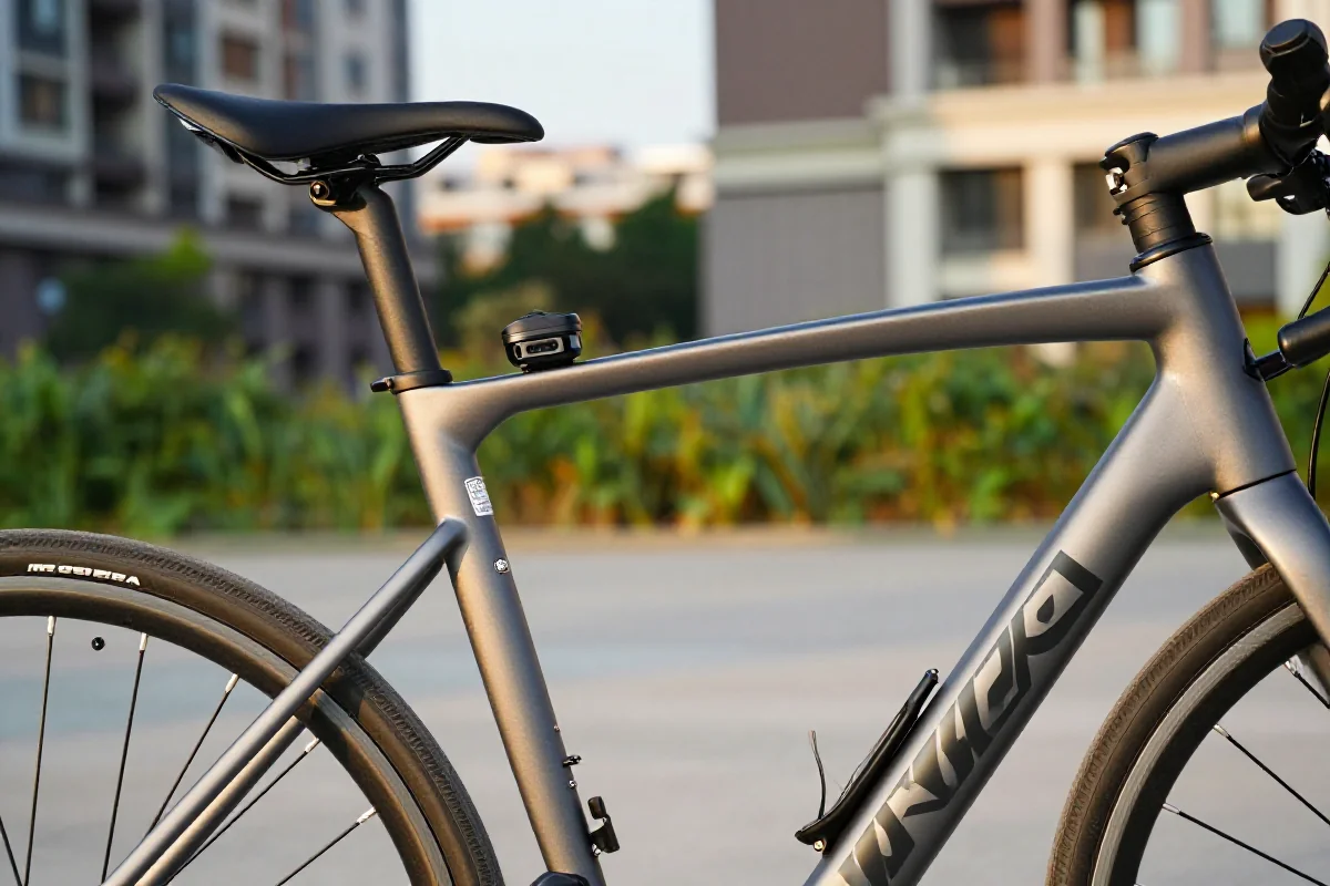 Nowoczesny rower miejski z ukrytym trackerem GPS na ramie.
