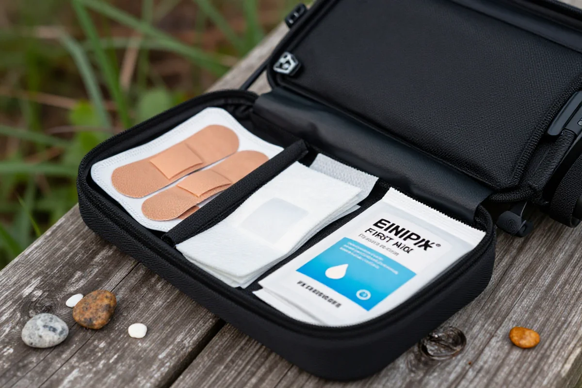 Apteczka bikepackingowa z materiałami opatrunkowymi na drewnianym tle.