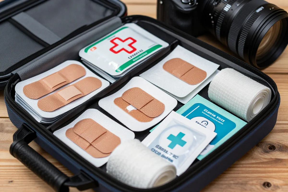 Apteczka na trasę rowerową z materiałami opatrunkowymi i dezynfekcyjnymi.